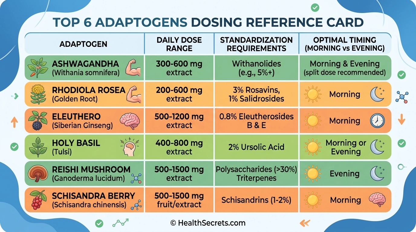 Adaptogen dosing reference chart showing daily dose ranges standardization and timing for ashwagandha rhodiola holy basil ginseng schisandra and cordyceps