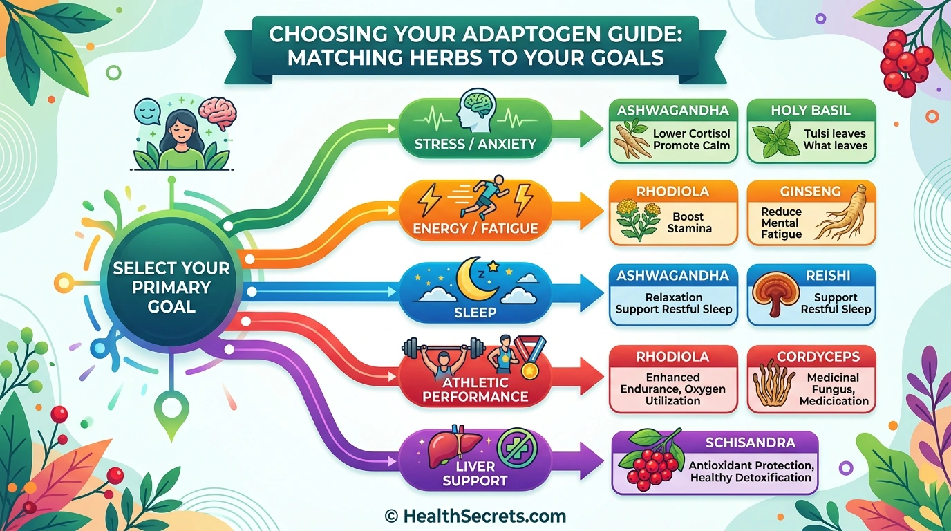 Decision guide showing which adaptogen supplement to choose based on health goals like stress energy sleep and performance