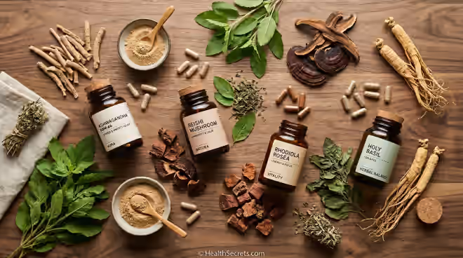 Assorted adaptogen supplements and herbs including ashwagandha root, rhodiola, holy basil, reishi, and ginseng arranged on a wooden surface