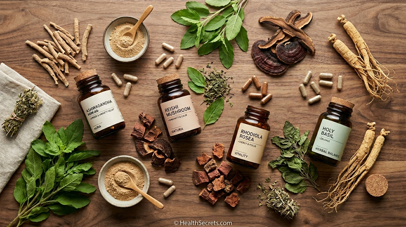Assorted adaptogen supplements and herbs including ashwagandha root, rhodiola, holy basil, reishi, and ginseng arranged on a wooden surface