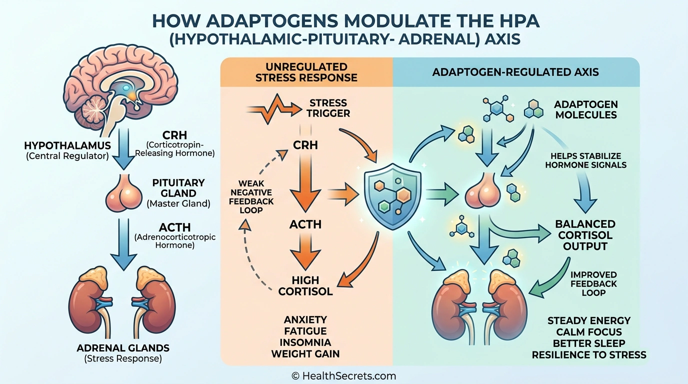 Infographic showing how adaptogens modulate the HPA axis to regulate cortisol and the stress response