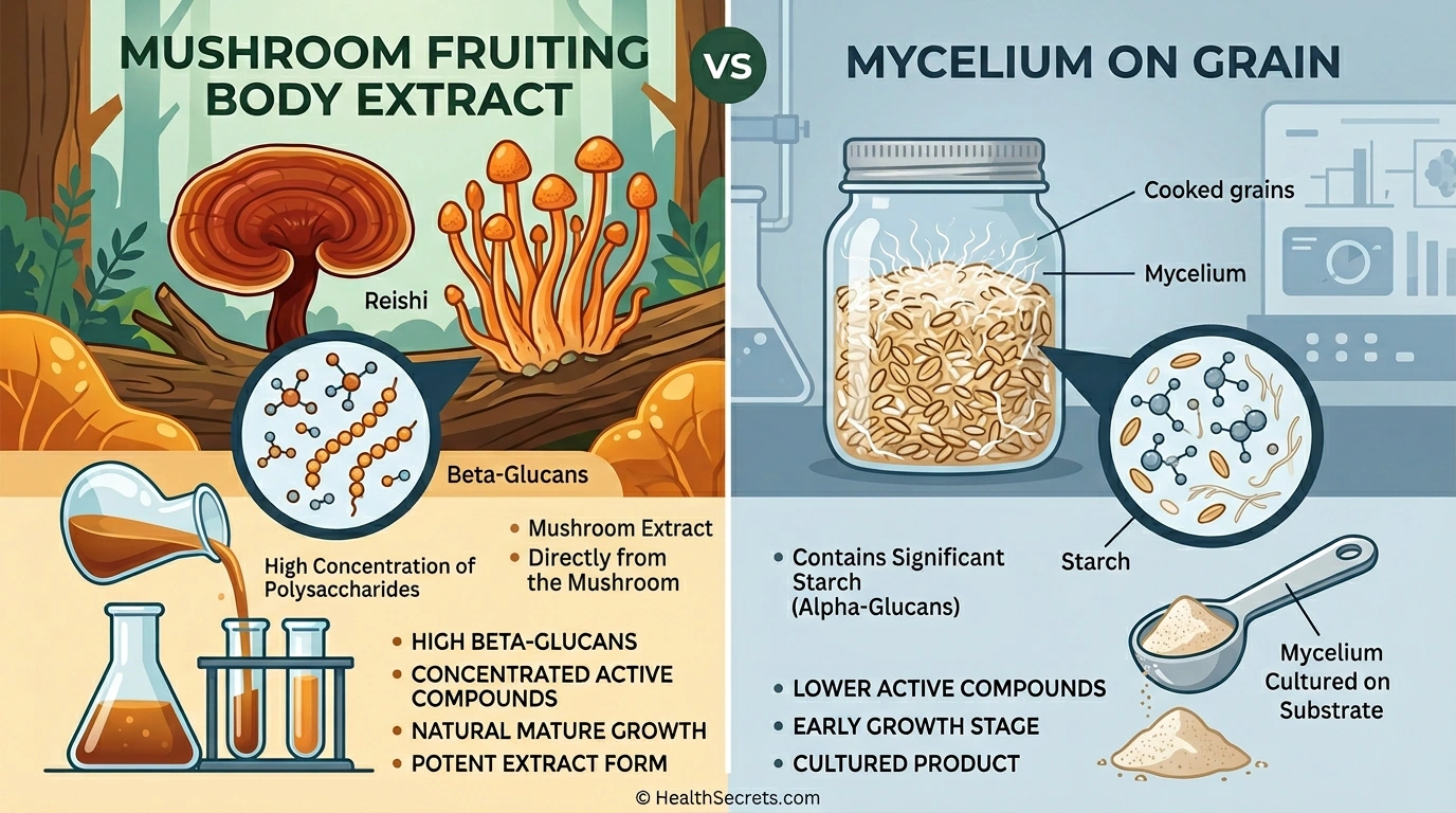 Comparison of mushroom fruiting body extract versus mycelium on grain showing differences in beta-glucan content and active compounds