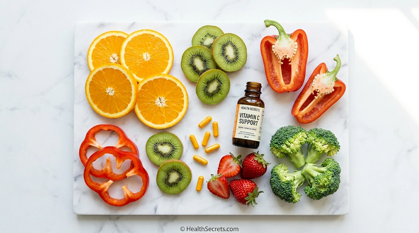 Vitamin C rich foods including oranges, kiwi, bell peppers, and strawberries arranged alongside vitamin C supplement capsules