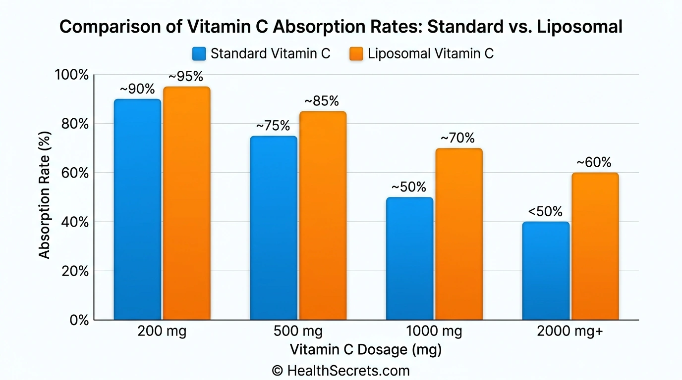 Chart showing dose-dependent vitamin C absorption rates comparing standard ascorbic acid to liposomal vitamin C