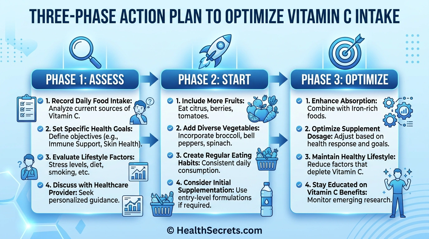 Three-phase vitamin C optimization action plan showing assess, start, and optimize phases