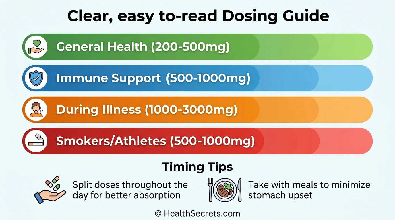 Vitamin C dosing guide showing recommended daily amounts for general health, immune support, illness, and special populations