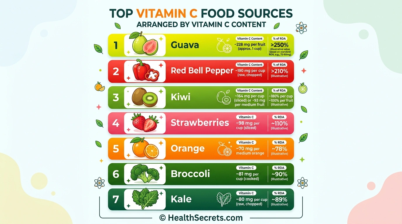 Infographic showing top vitamin C food sources with content per serving including bell peppers, guava, kiwi, and strawberries