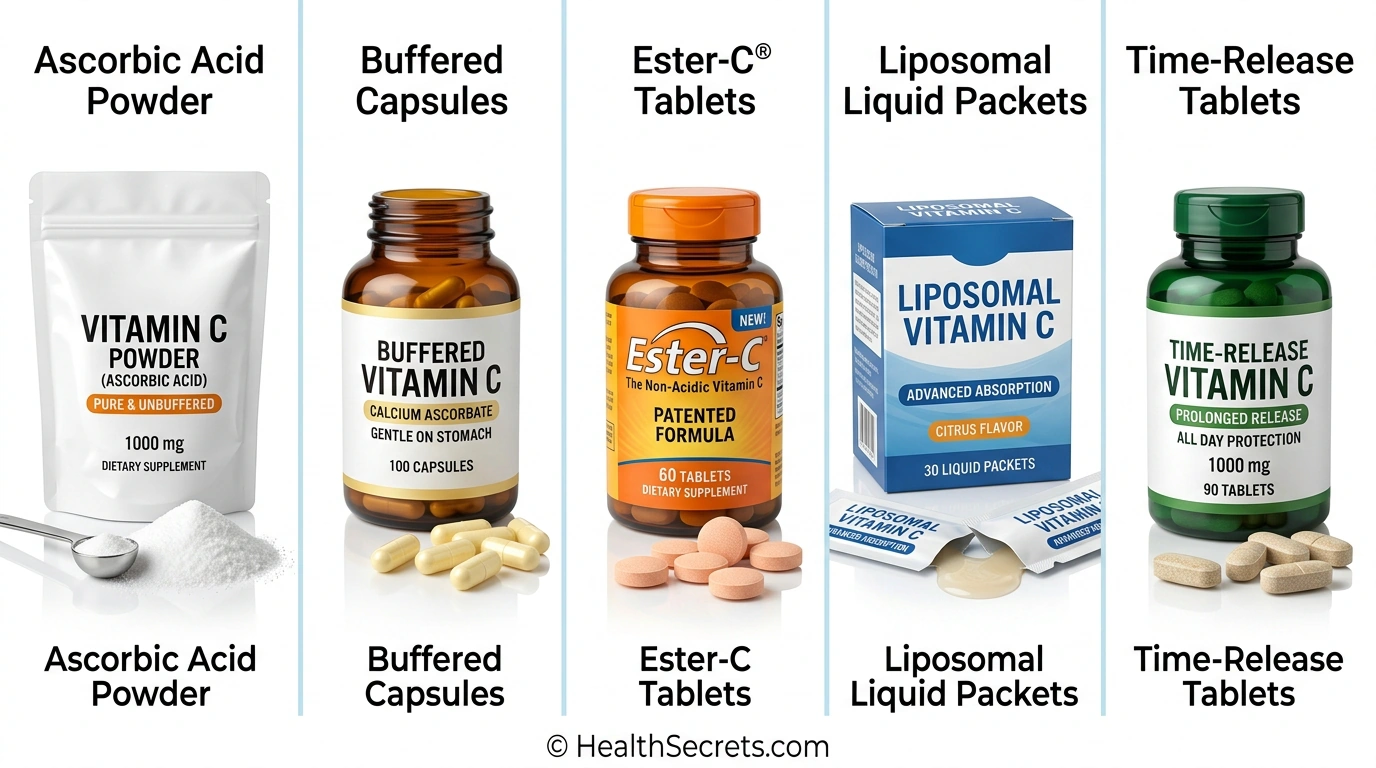 Visual comparison of five vitamin C supplement forms including ascorbic acid, buffered, Ester-C, liposomal, and time-release