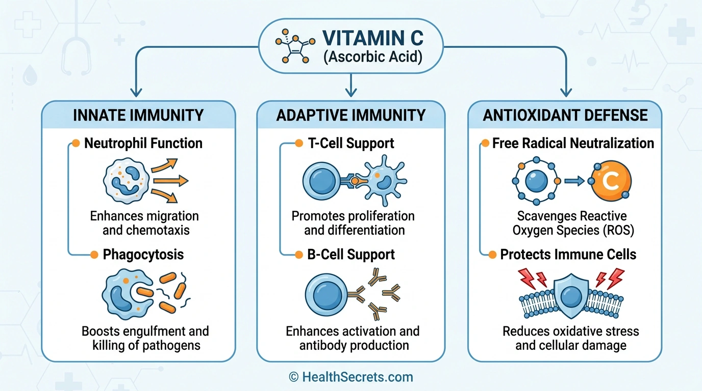 Diagram showing how vitamin C supports immune function through innate immunity, adaptive immunity, and antioxidant defense