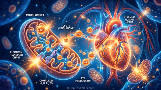 CoQ10 supplement guide hero image showing CoQ10 molecules powering mitochondrial energy production in the heart