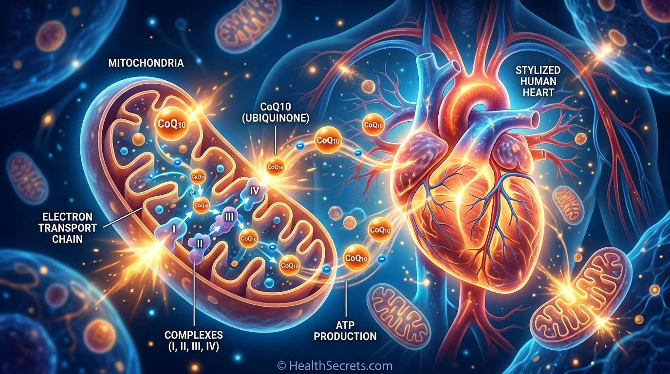 CoQ10 supplement guide hero image showing CoQ10 molecules powering mitochondrial energy production in the heart