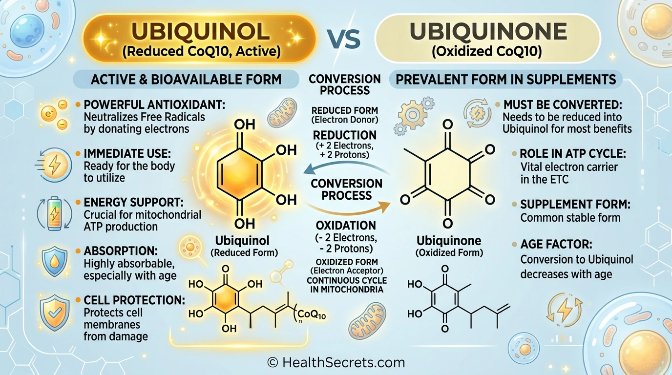 Visual comparison of ubiquinol and ubiquinone forms of CoQ10 showing molecular differences and bioavailability