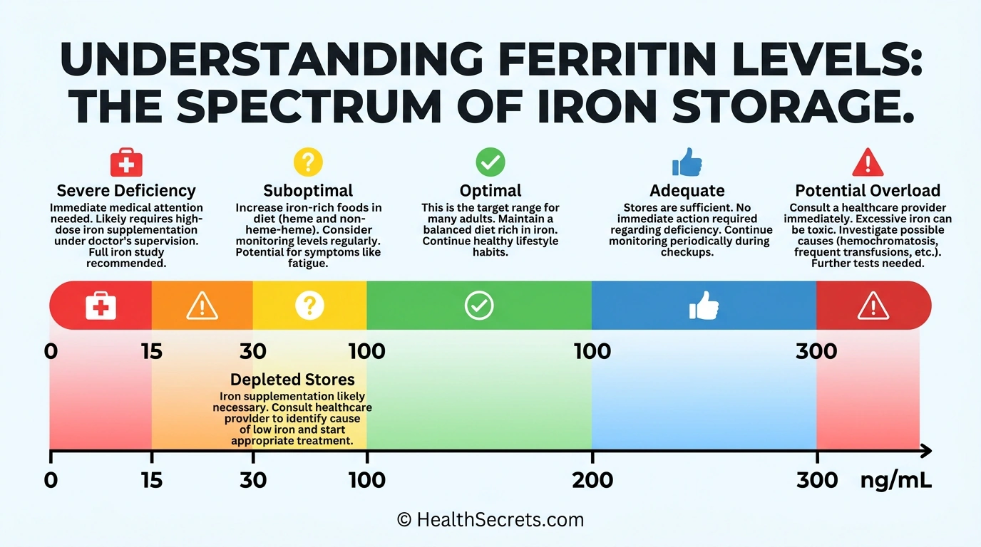 Ferritin level interpretation chart showing optimal, deficient, and overload ranges with color-coded zones