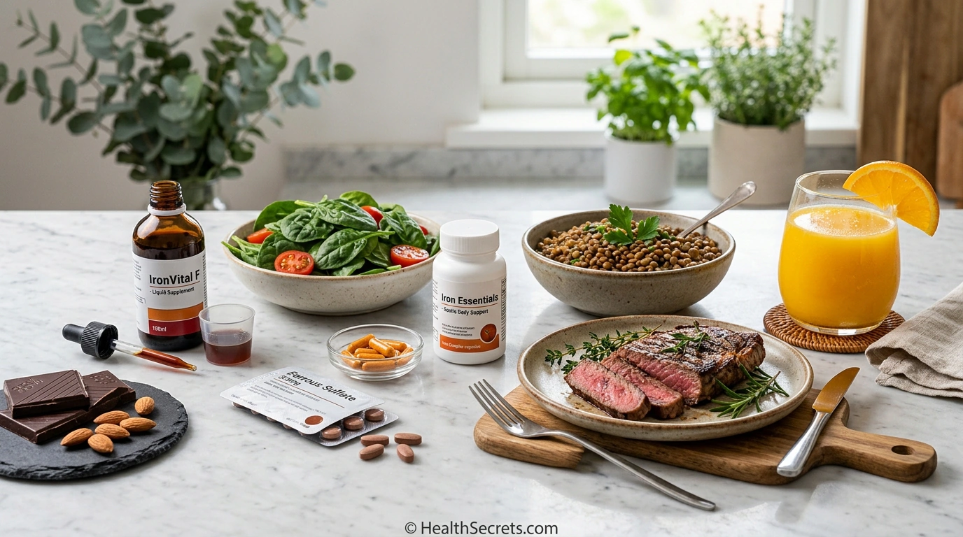 Various iron supplement forms including capsules, tablets, and liquid alongside iron-rich foods like spinach, red meat, and lentils