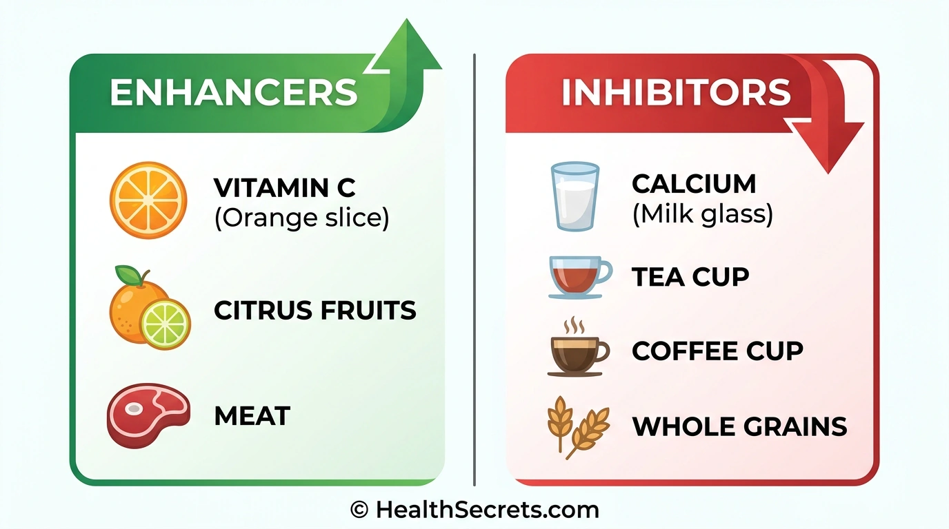 Iron absorption enhancers including vitamin C and citrus versus inhibitors including calcium, tea, and coffee