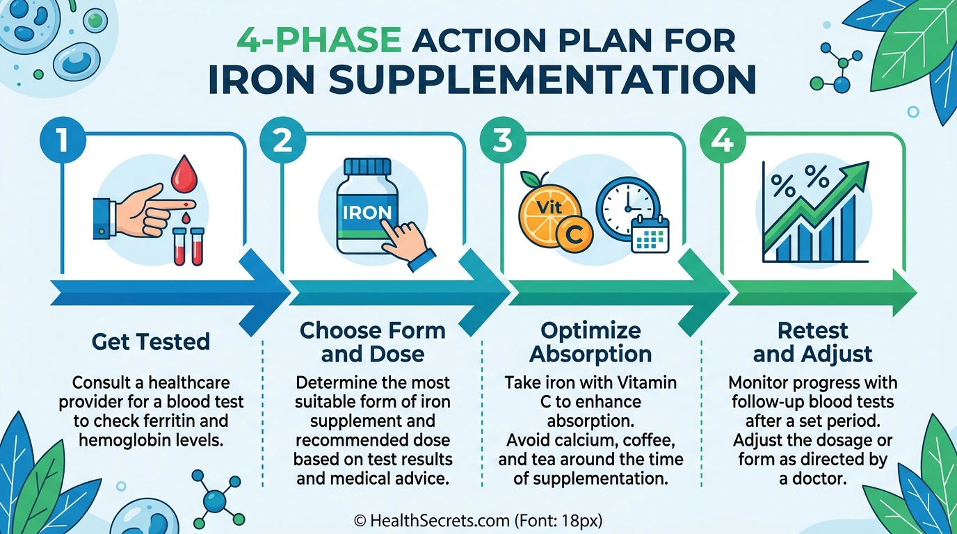 Four-phase iron supplementation action plan showing testing, form selection, absorption optimization, and retesting steps