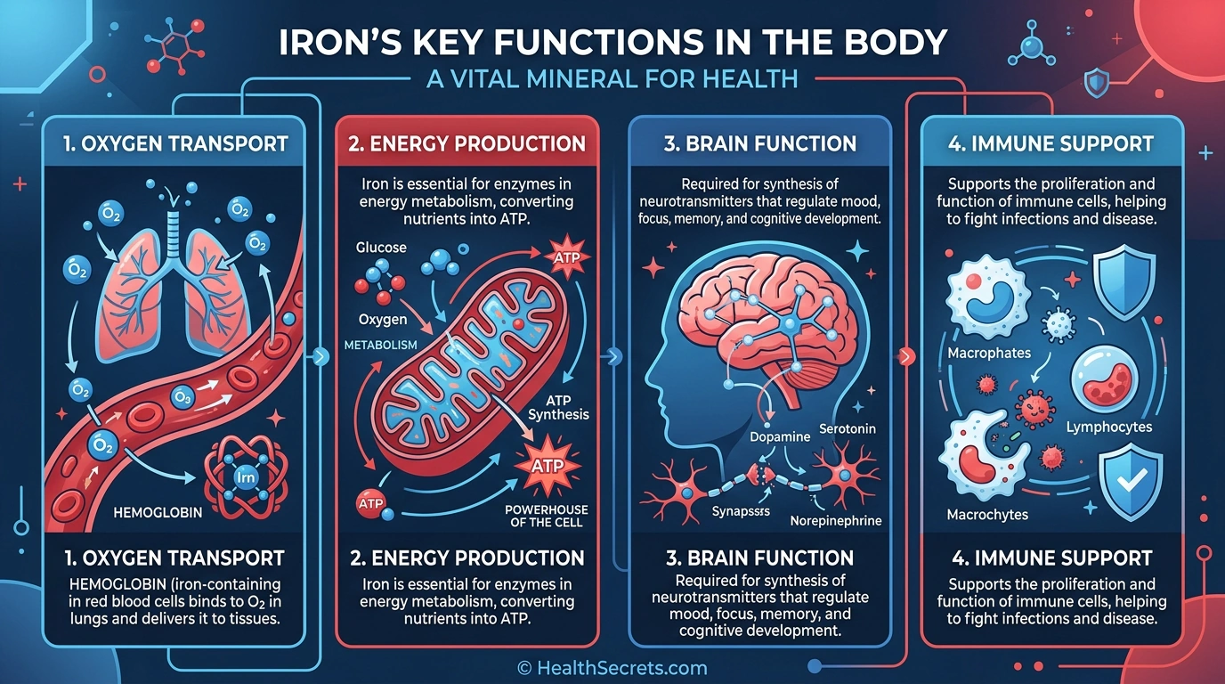 Infographic showing iron's four main body functions including oxygen transport, energy production, brain function, and immune support