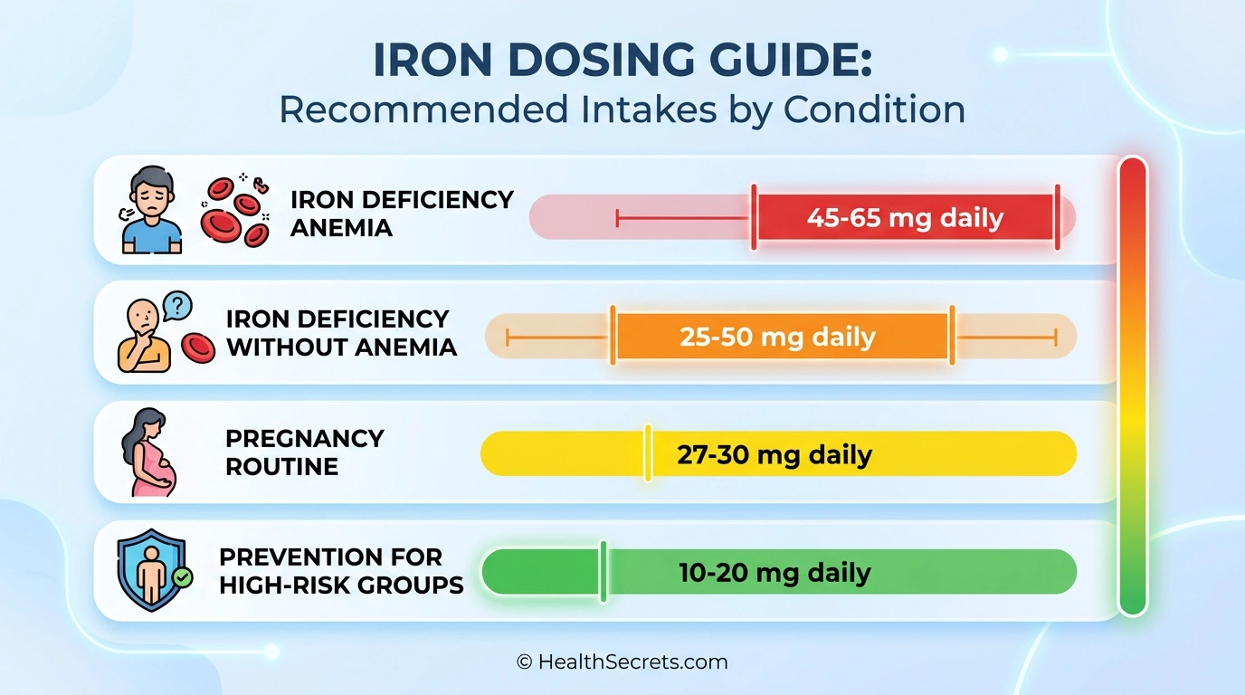 Iron supplement dosing guide chart showing recommended elemental iron doses for deficiency, anemia, pregnancy, and prevention