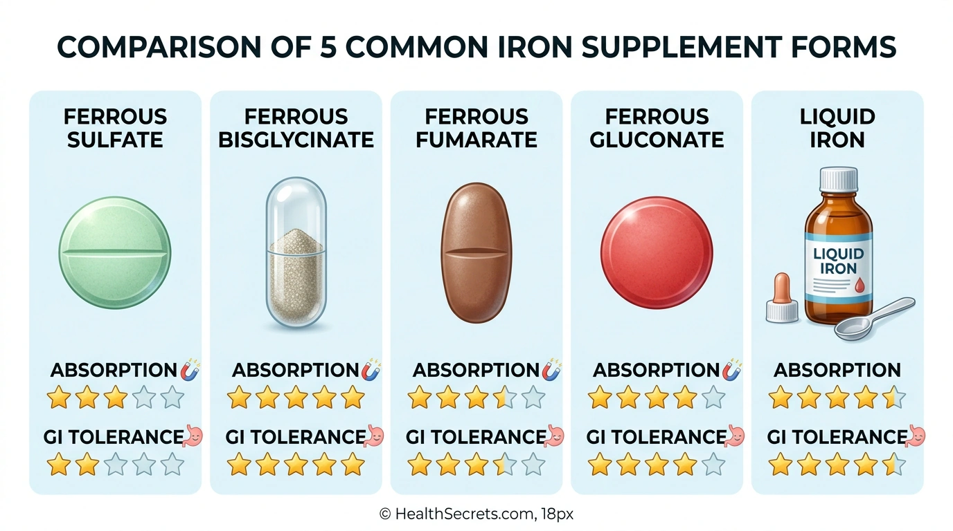 Visual comparison of five iron supplement forms showing ferrous sulfate, bisglycinate, fumarate, gluconate, and liquid iron with tolerance ratings