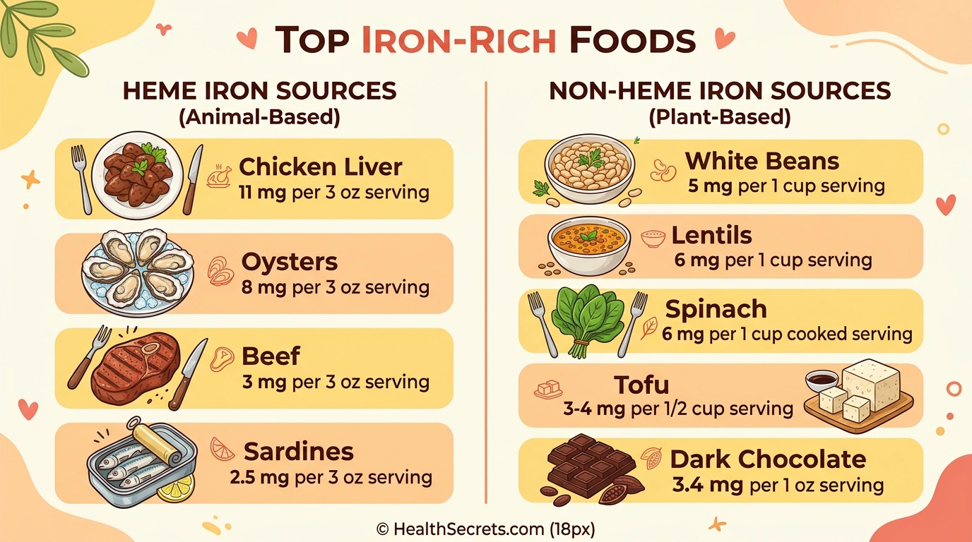 Chart of top iron-rich foods showing heme sources like liver and oysters and non-heme sources like beans and spinach with iron content