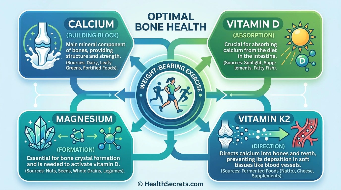 The bone health quartet diagram showing calcium, vitamin D, K2, magnesium, and exercise as essential pillars