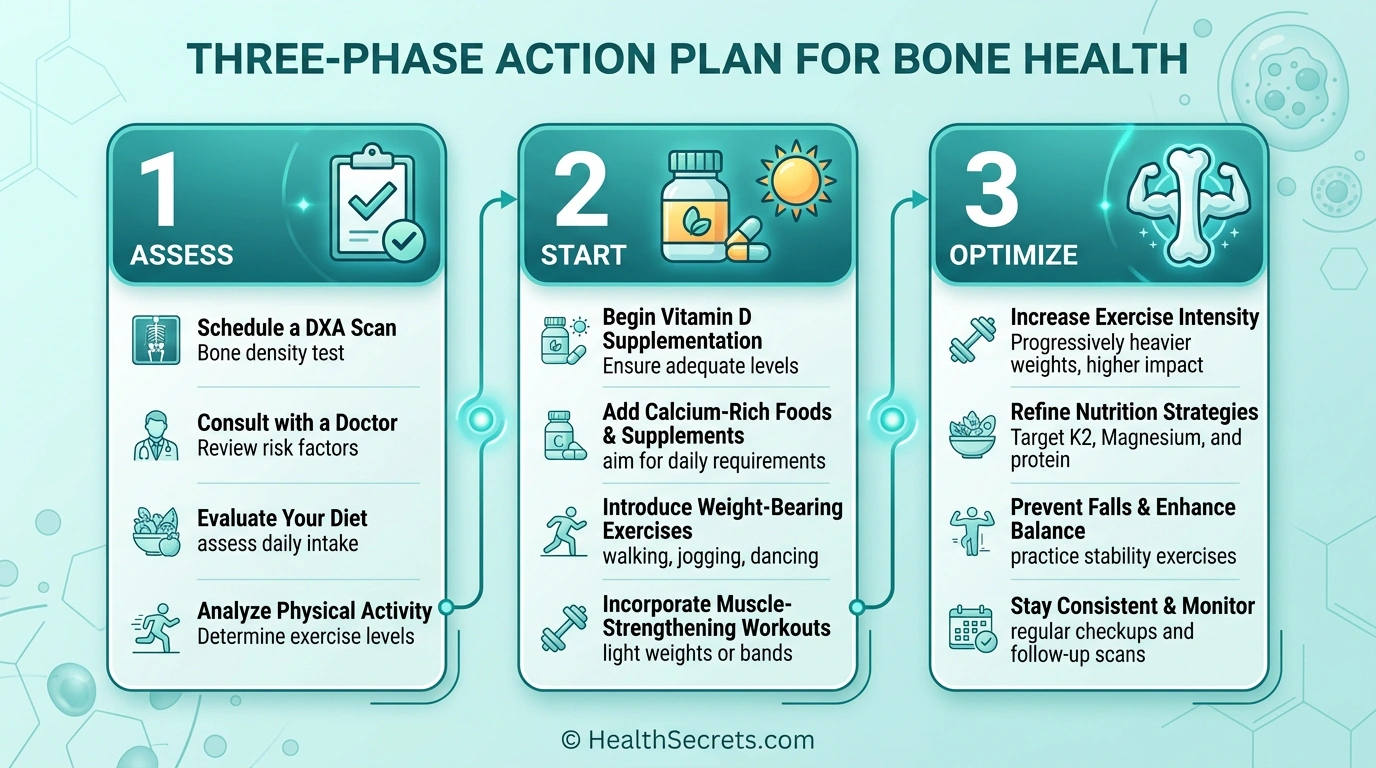 Three-phase bone health action plan showing assessment, supplementation start, and optimization phases