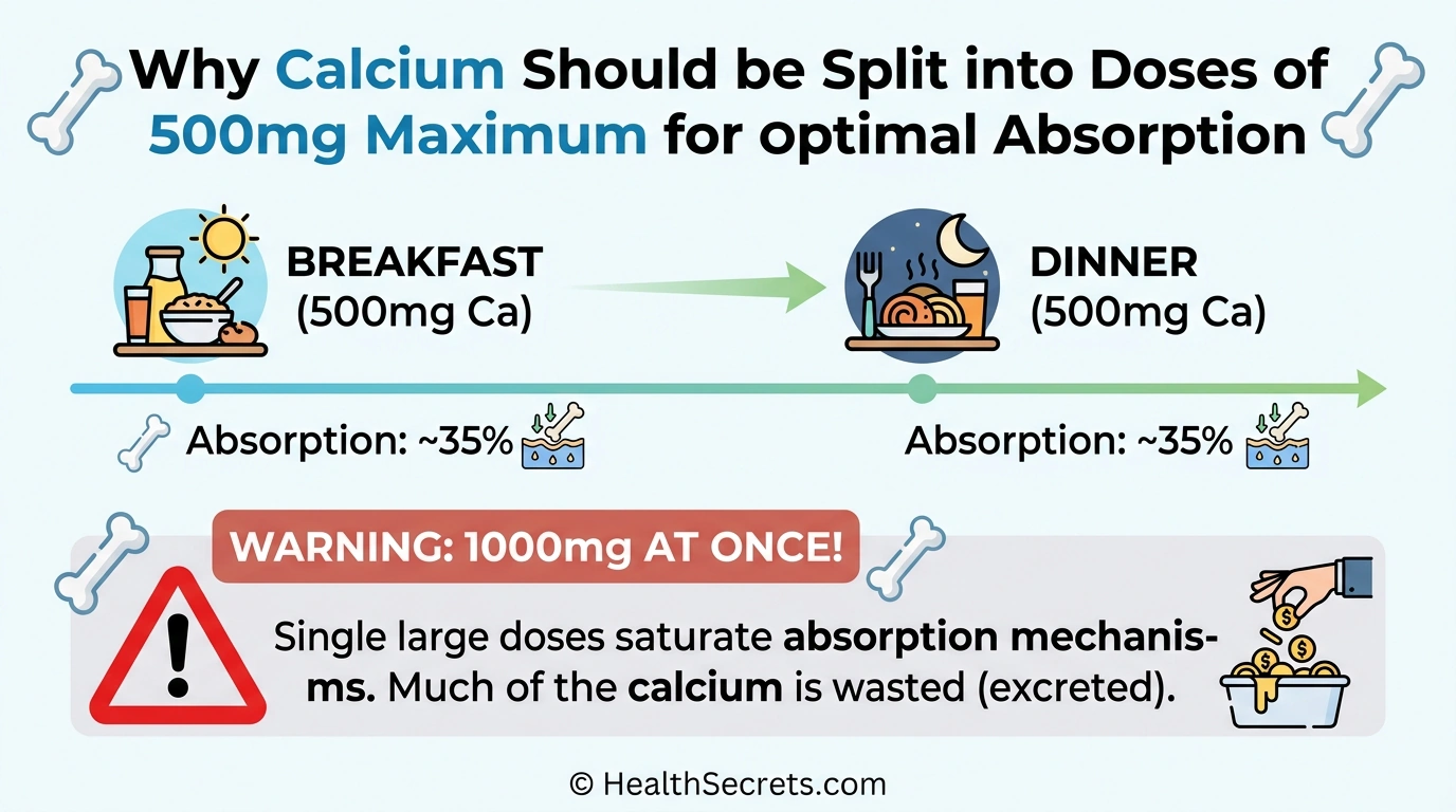 Diagram showing optimal calcium dosing strategy with split doses of 500mg maximum throughout the day