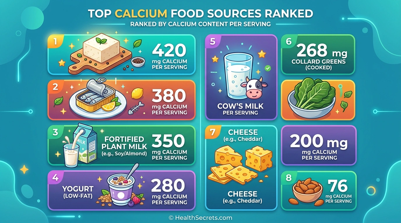Infographic showing top calcium food sources ranked by calcium content per serving