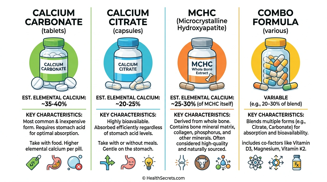 Visual comparison of calcium supplement forms showing carbonate, citrate, and MCHC with key characteristics