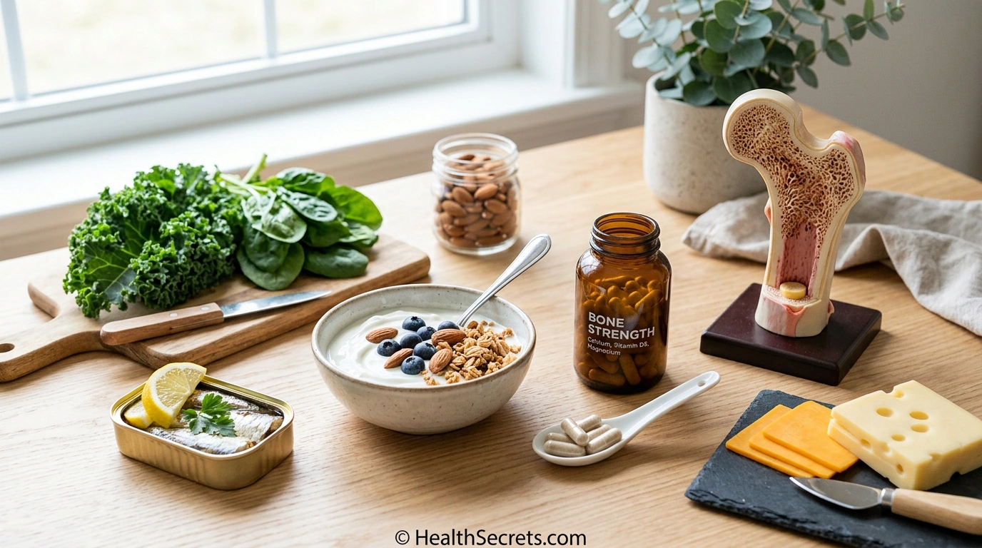 Calcium-rich foods including dairy, sardines, and leafy greens arranged with bone health supplements