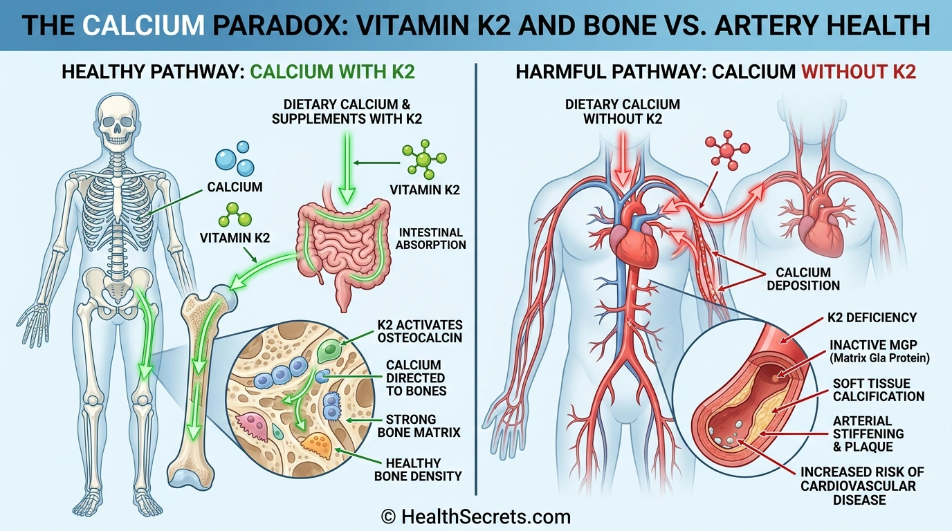 Illustration of the calcium paradox showing how vitamin K2 directs calcium to bones and away from arteries