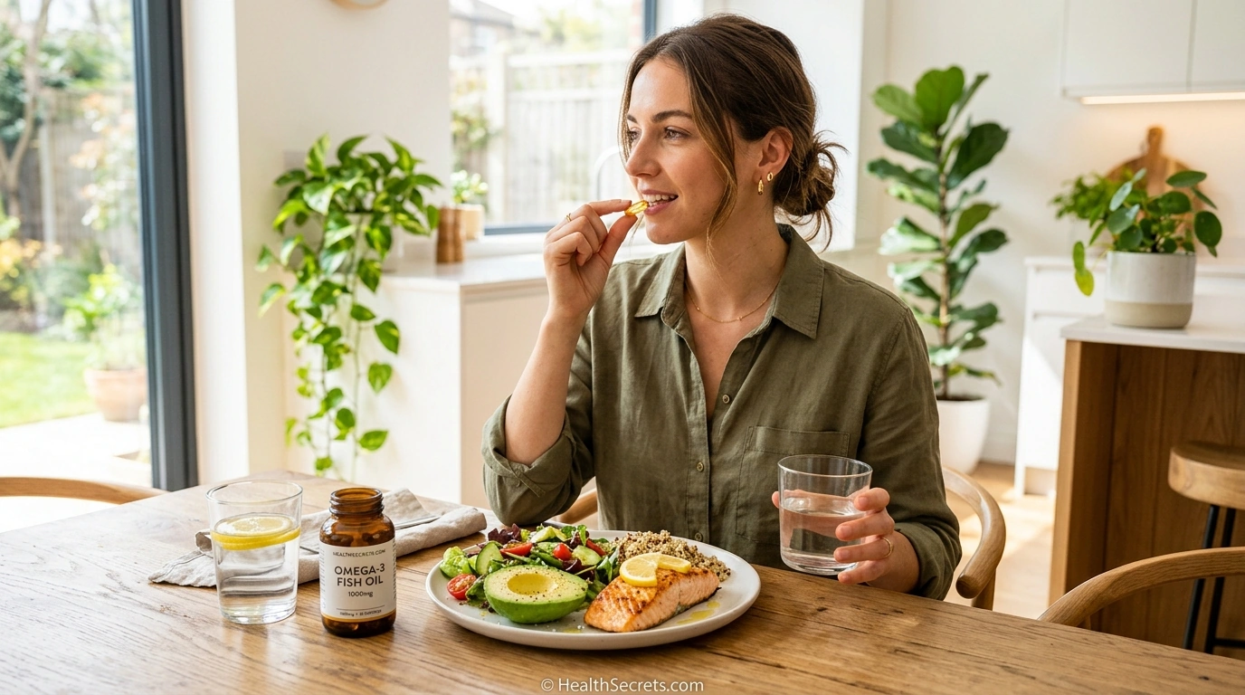Person taking omega-3 fish oil supplement with a fat-containing meal including avocado and salmon for maximum absorption