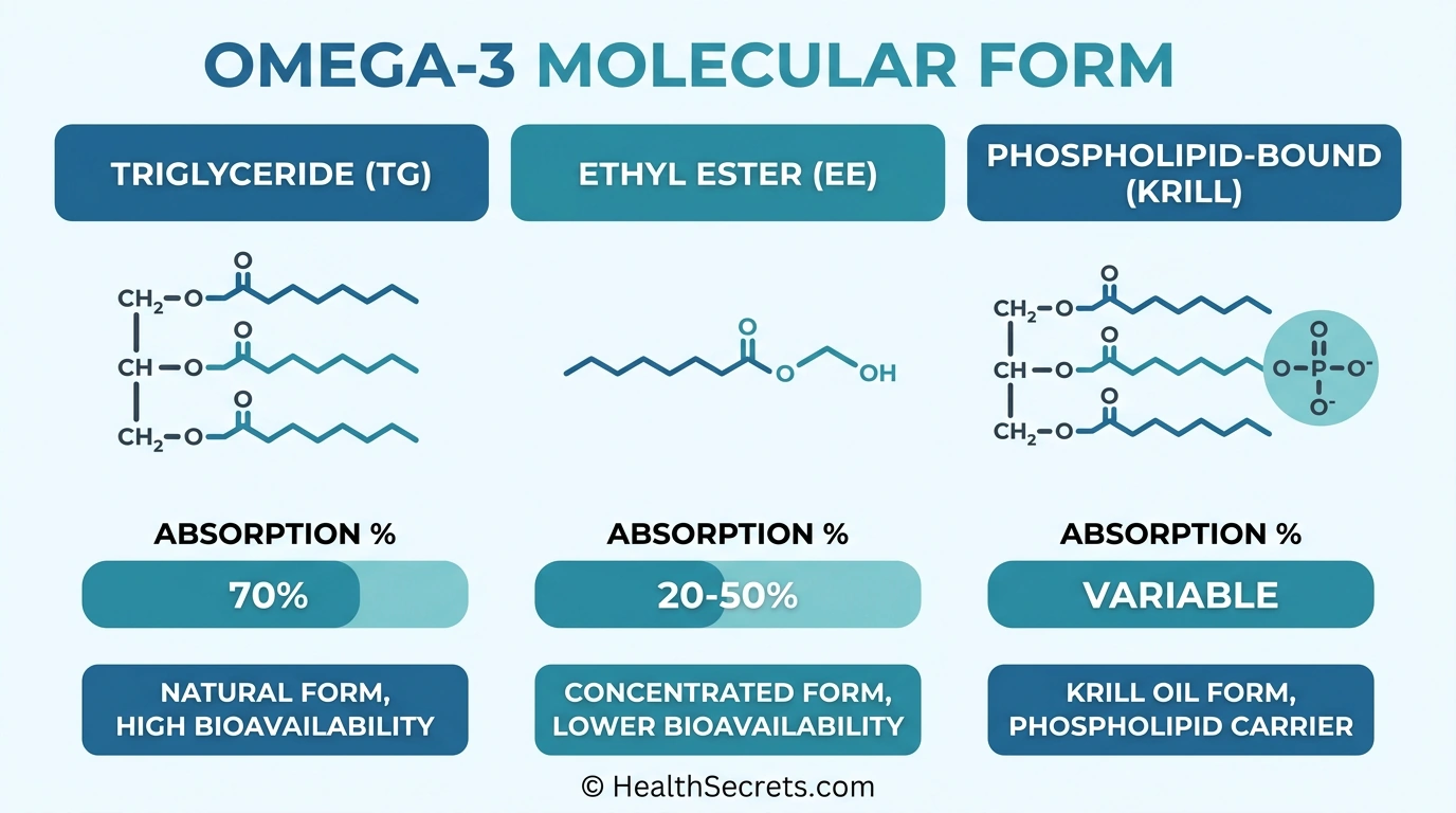 Infographic comparing omega-3 molecular forms showing triglyceride at 70% absorption, ethyl ester at 20-50%, and phospholipid-bound krill oil