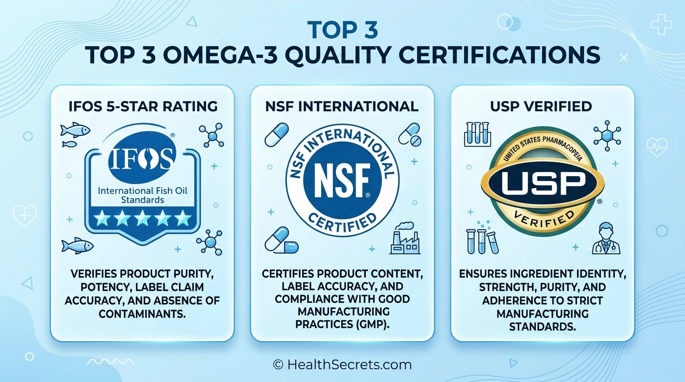 Infographic showing three key omega-3 quality certifications IFOS five-star NSF International and USP Verified with descriptions