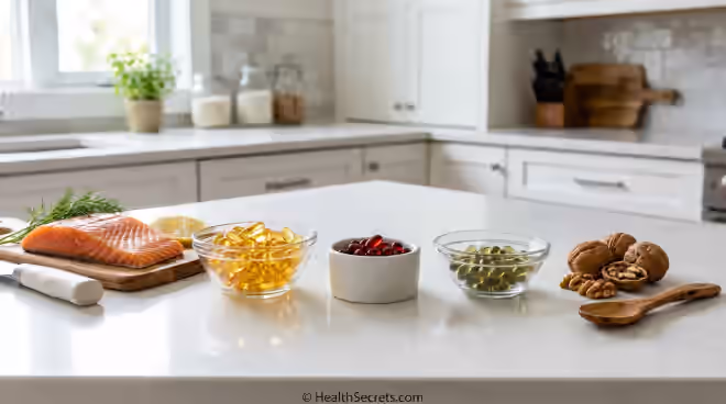 Three types of omega-3 supplements compared — fish oil, krill oil, and algae oil capsules displayed on a clean kitchen counter with fresh salmon