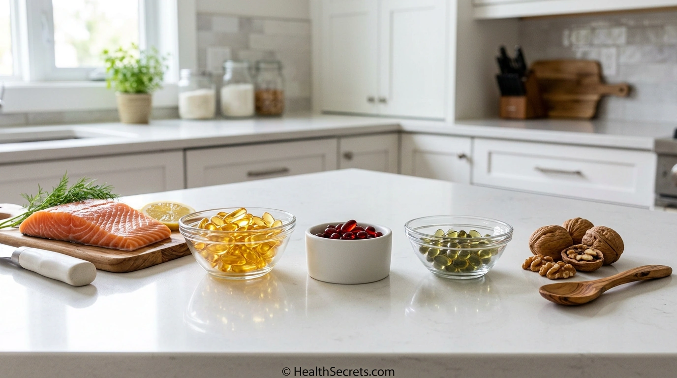 Three types of omega-3 supplements compared — fish oil, krill oil, and algae oil capsules displayed on a clean kitchen counter with fresh salmon