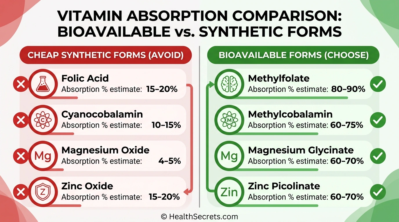 Comparison chart of bioavailable versus synthetic vitamin and mineral forms showing which to choose and which to avoid
