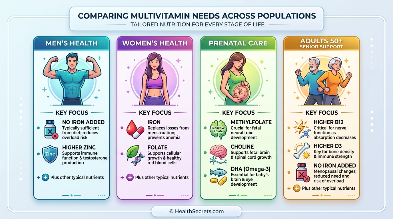 Gender and age specific multivitamin nutrient needs comparison for men women prenatal and adults over 50