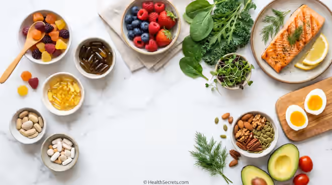 Multivitamin supplements in various forms alongside nutrient-dense whole foods representing food-first supplement philosophy