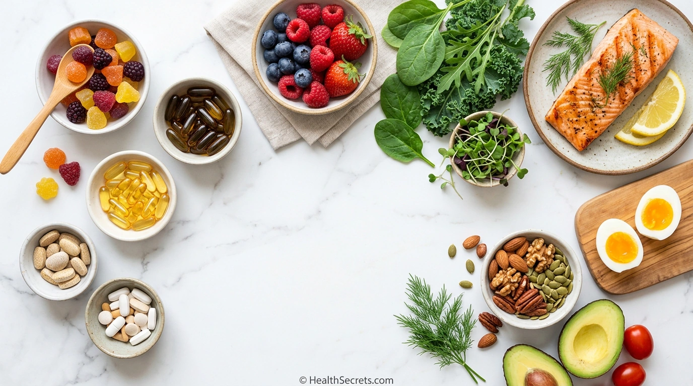 Multivitamin supplements in various forms alongside nutrient-dense whole foods representing food-first supplement philosophy