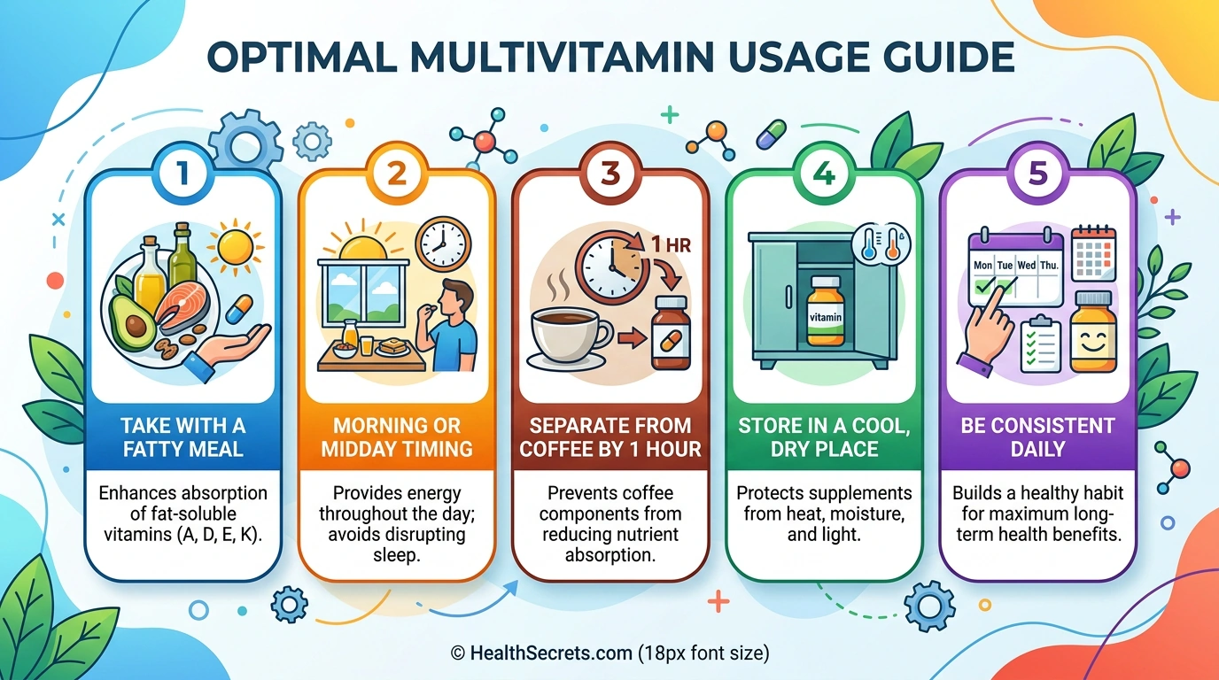 How to take a multivitamin correctly including timing food pairing and storage tips for optimal absorption