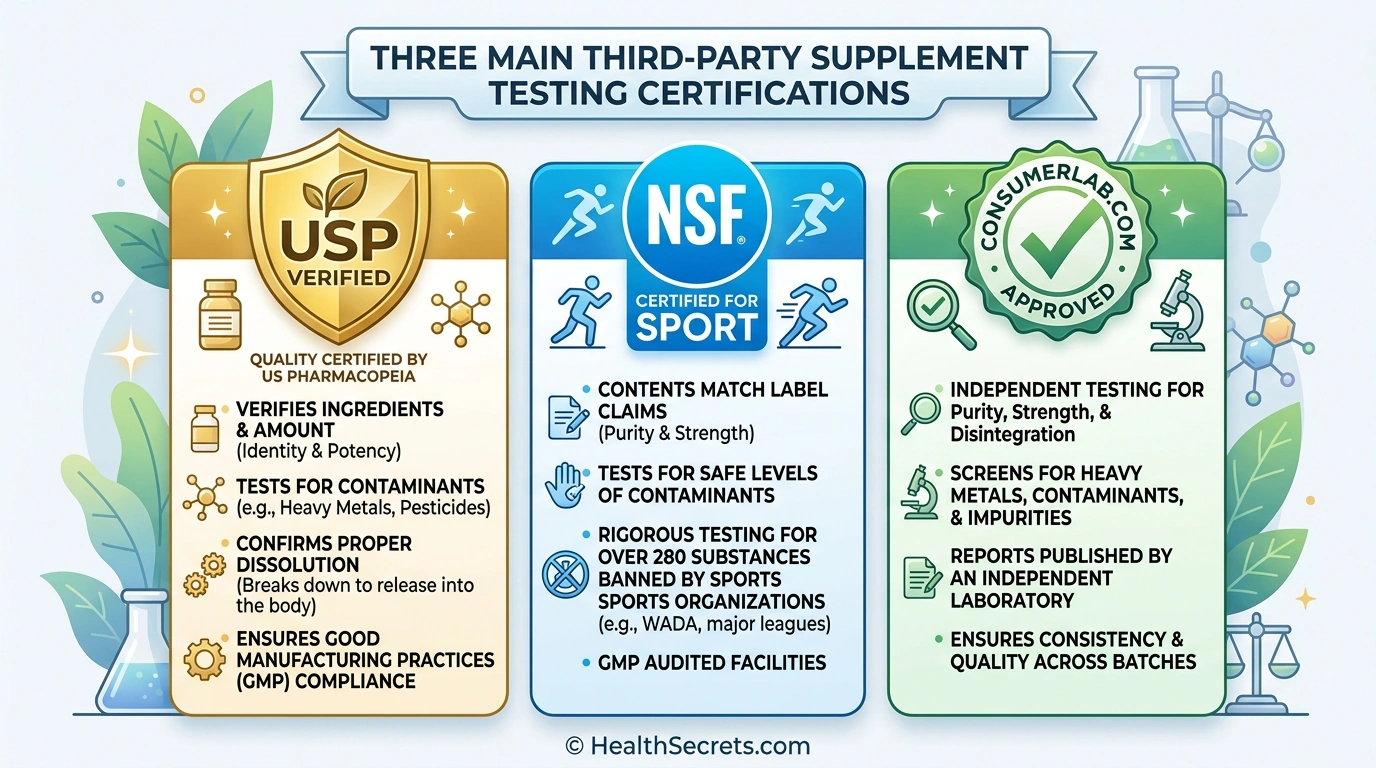 Third party supplement testing certifications USP Verified NSF Certified for Sport and ConsumerLab Approved logos and descriptions