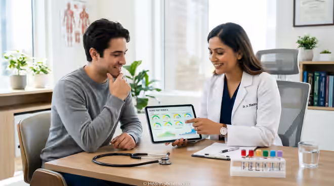 Healthcare provider reviewing nutrient deficiency blood test results with patient in modern clinical setting