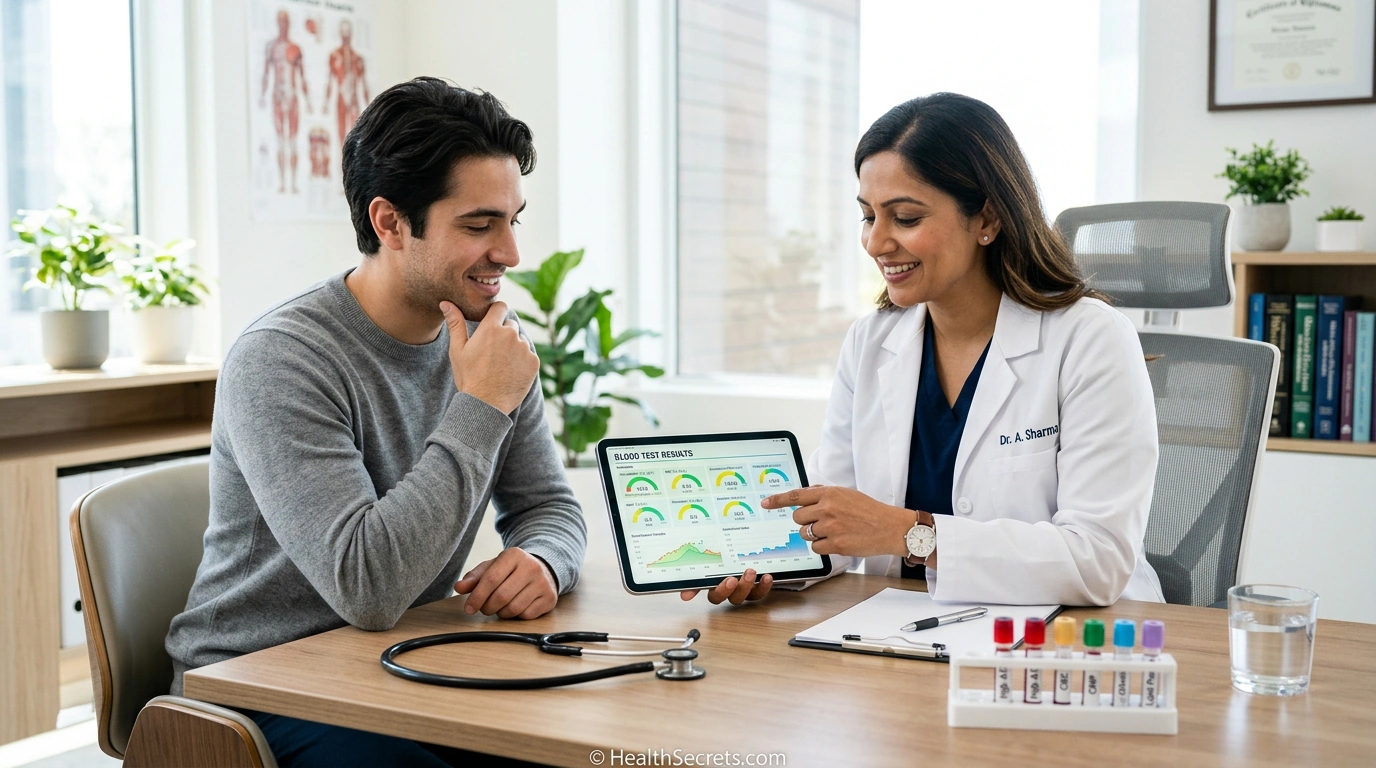 Healthcare provider reviewing nutrient deficiency blood test results with patient in modern clinical setting