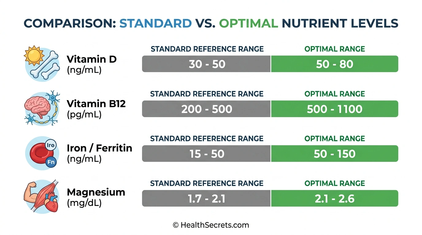 Infographic comparing standard reference ranges versus optimal ranges for vitamin D, B12, ferritin, and magnesium blood tests