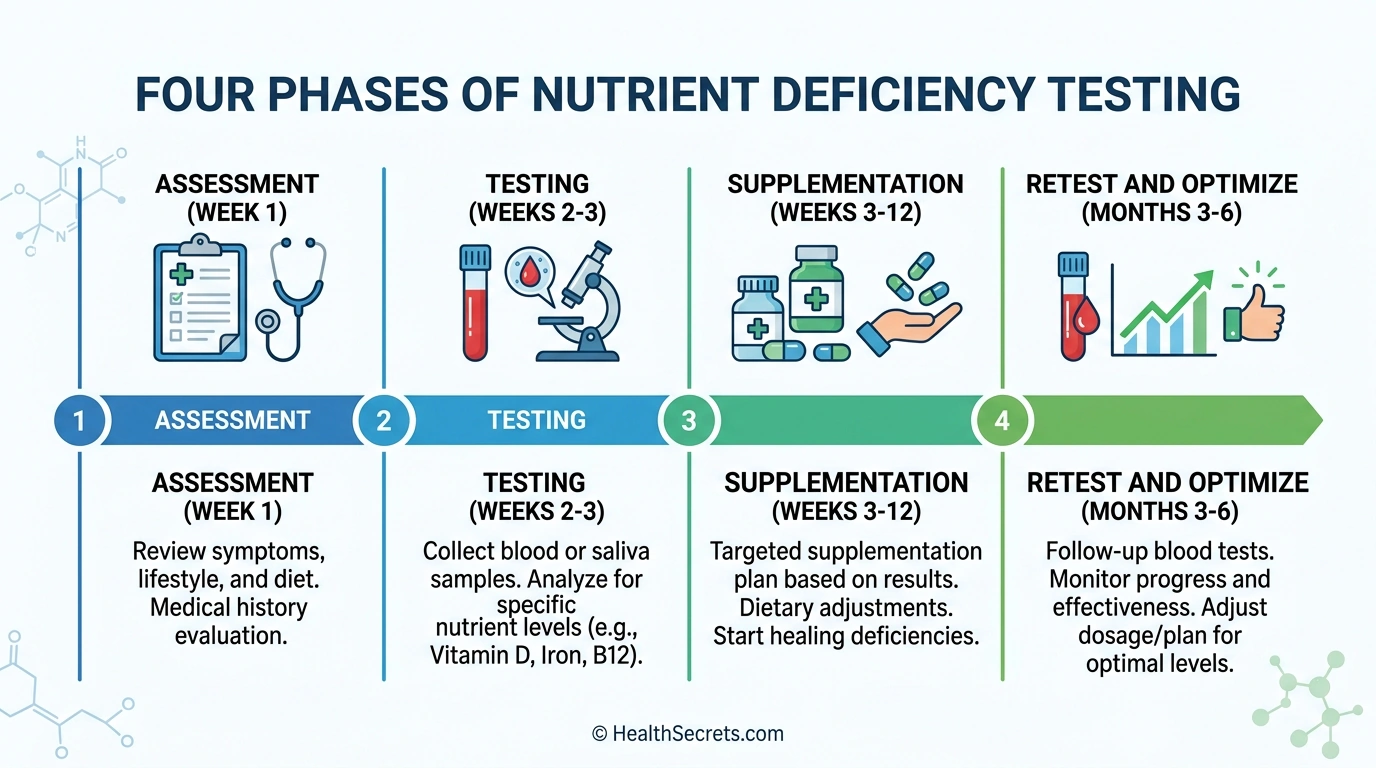 Timeline infographic showing four phases of nutrient deficiency testing from assessment through retesting and optimization