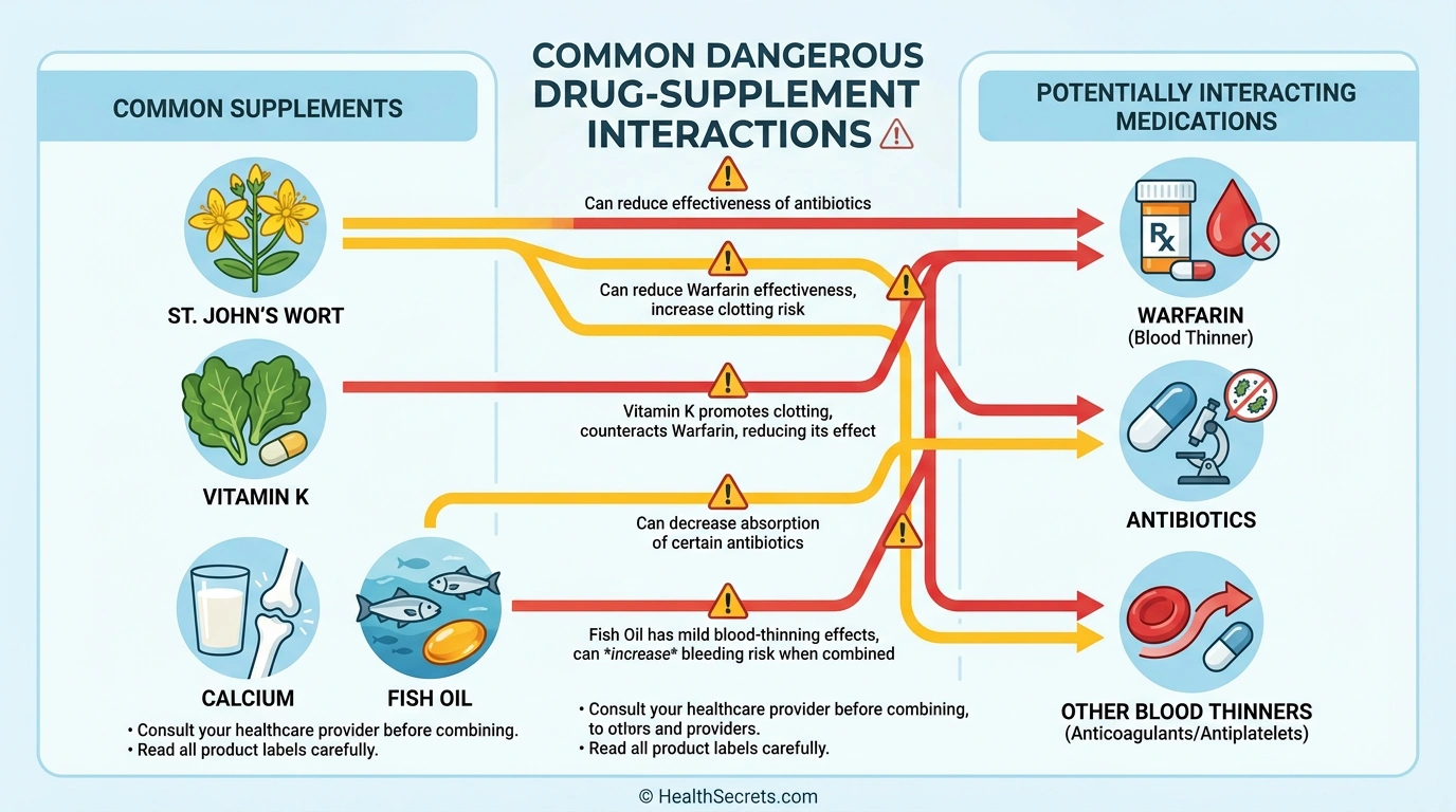 Diagram of dangerous drug-supplement interactions including St Johns wort warfarin vitamin K and fish oil