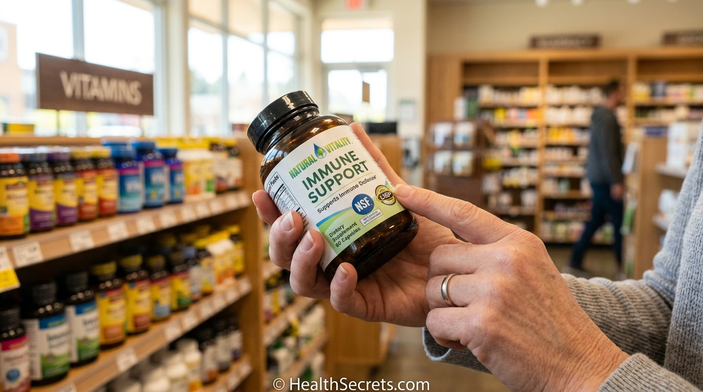 Consumer examining dietary supplement label for third-party testing certification and safety information