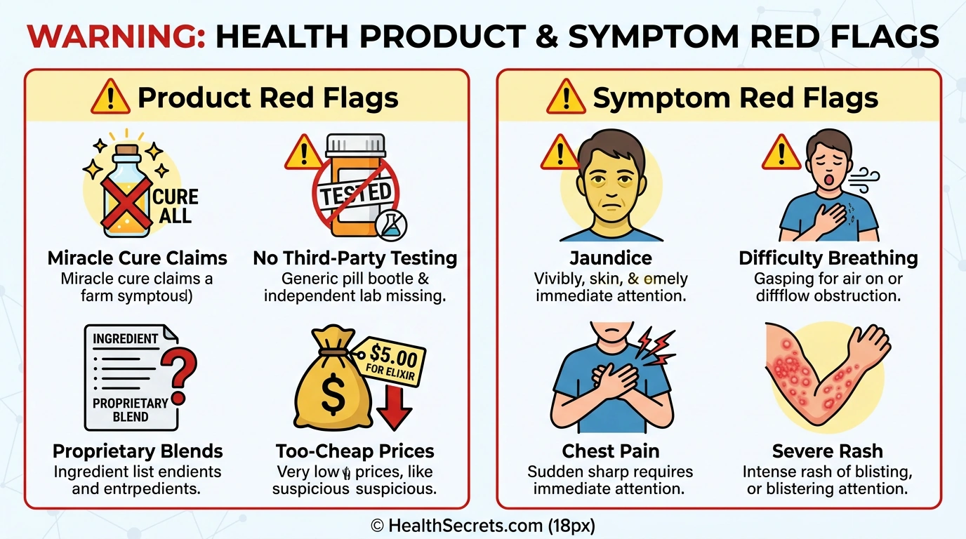 Warning infographic showing product red flags and symptom red flags for dietary supplement safety
