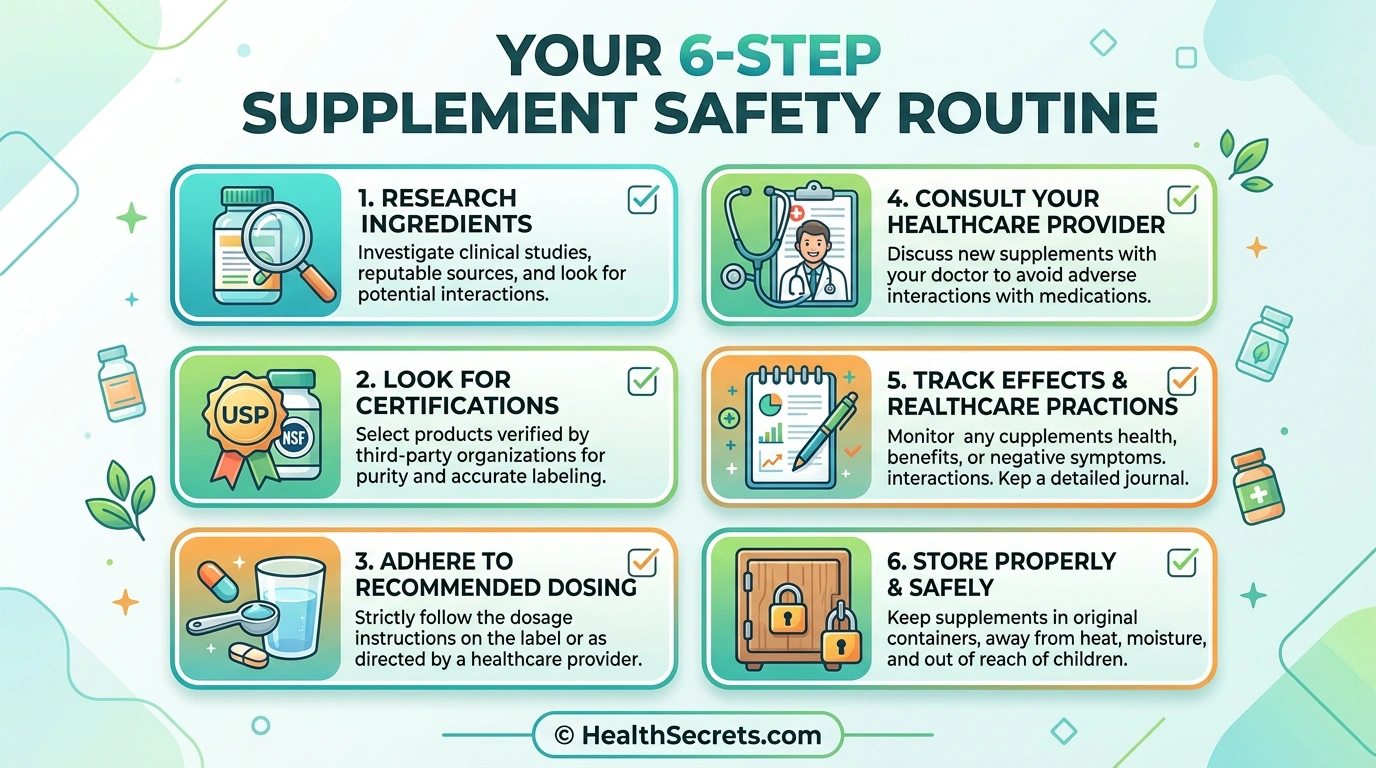 Six-step supplement safety checklist infographic covering research quality dosing doctor communication monitoring and storage